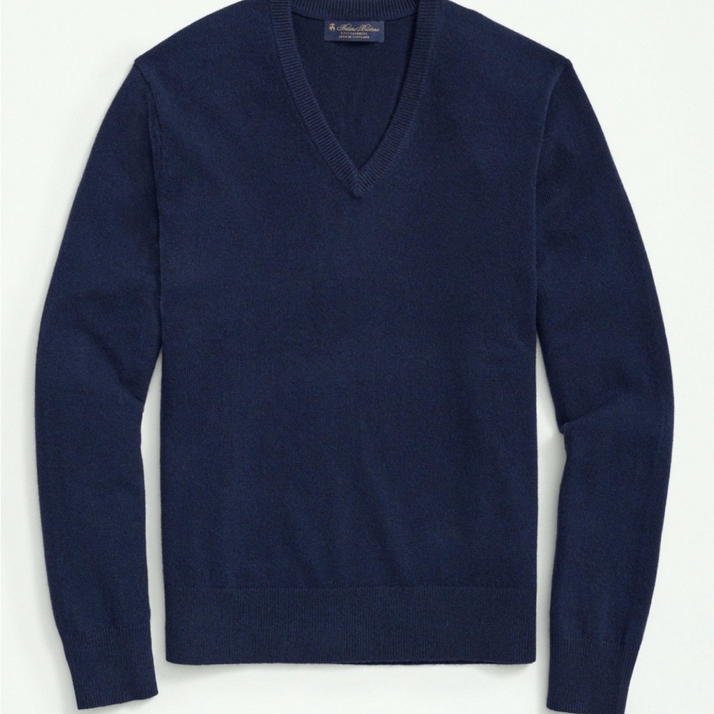 Brooks Brothers 3-Ply Cashmere V-Neck Sweater, British Blue, Men’s XL